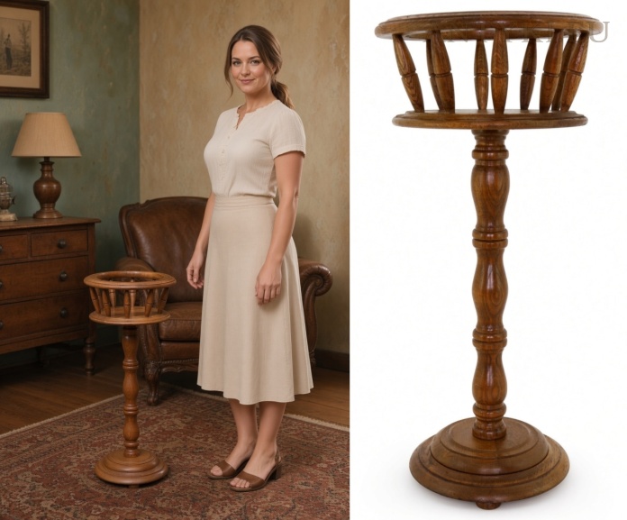 dębowy kwietnik vintage stojący na podłodze w klasycznym wnętrzu z modelką